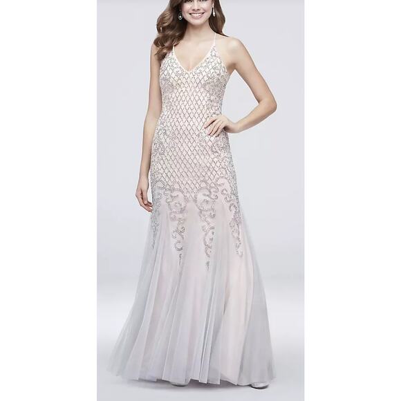 Xscape Beaded Lattice Mermaid Dress with Crisscross Back Pale Pink Prom Womens 4